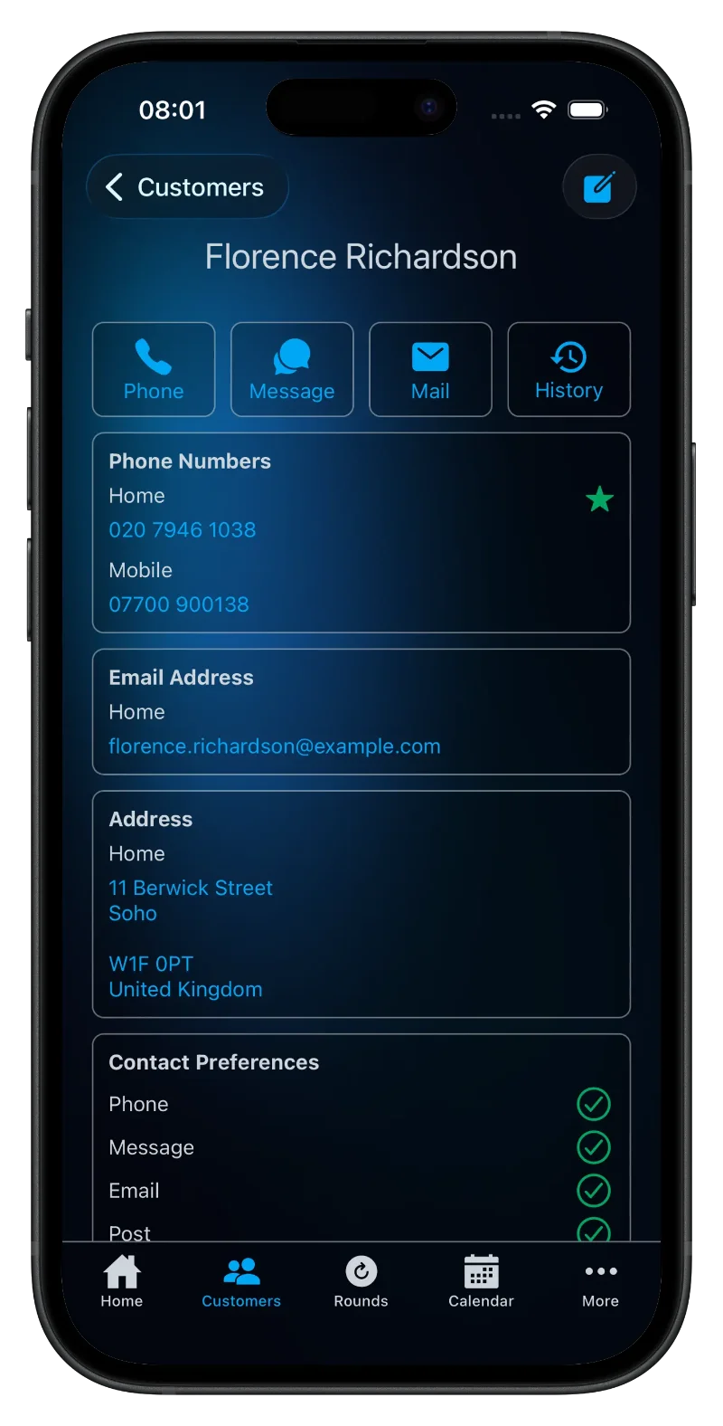 Budelo App Customer Detailss Screen on an iPhone