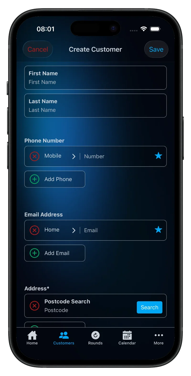 Budelo App Customer Form Screen on an iPhone