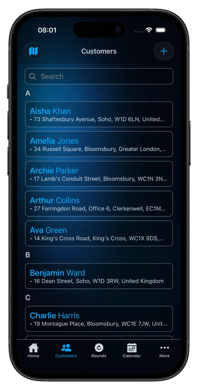 Budelo App Customers Screen on an iPhone